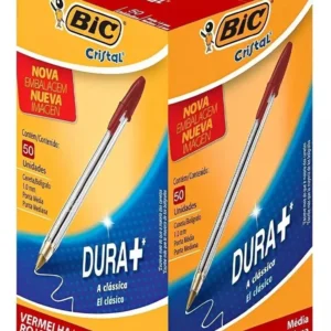 Caneta Esferográfica Bic Cristal Vermelho Dura+ – Caixa com 50 unidades